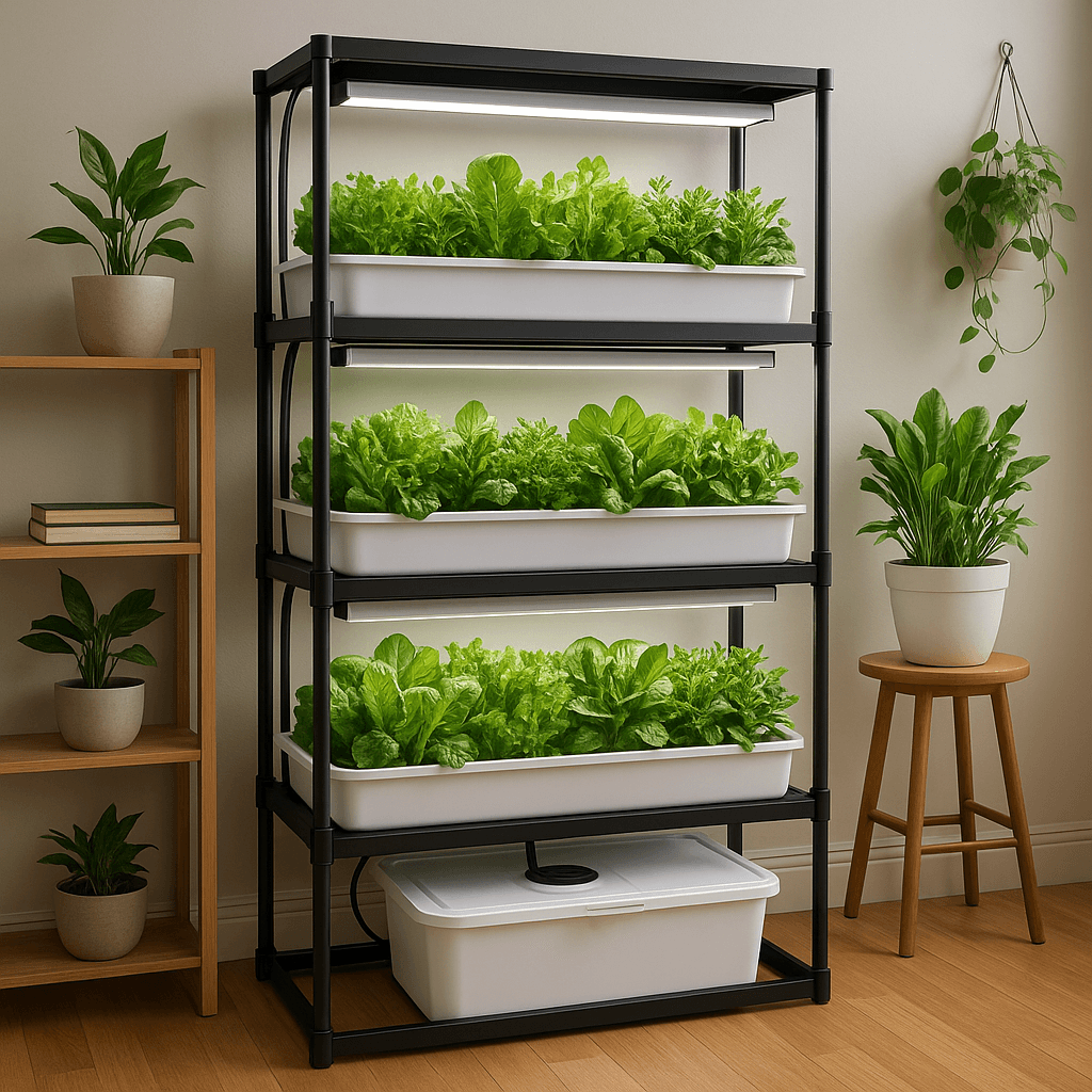 Indoor hydroponic garden system with thriving greens